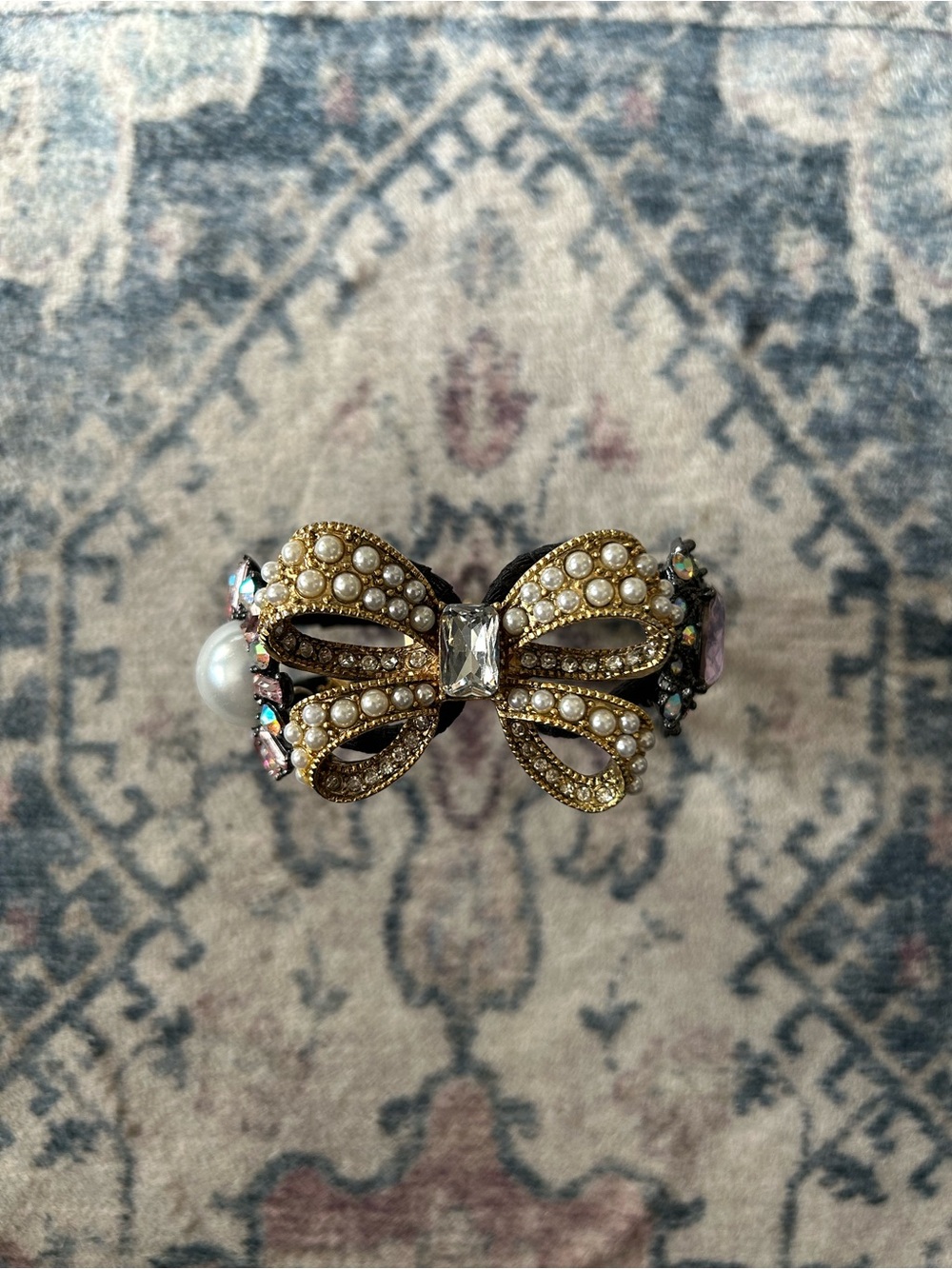 Betsey Johnson Faux Pearl Rhinestone Embellished Bow Hinged Cuff Bracelet
